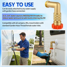 AquaNPT connected to RV at campground demonstrating safe regulated pressure
