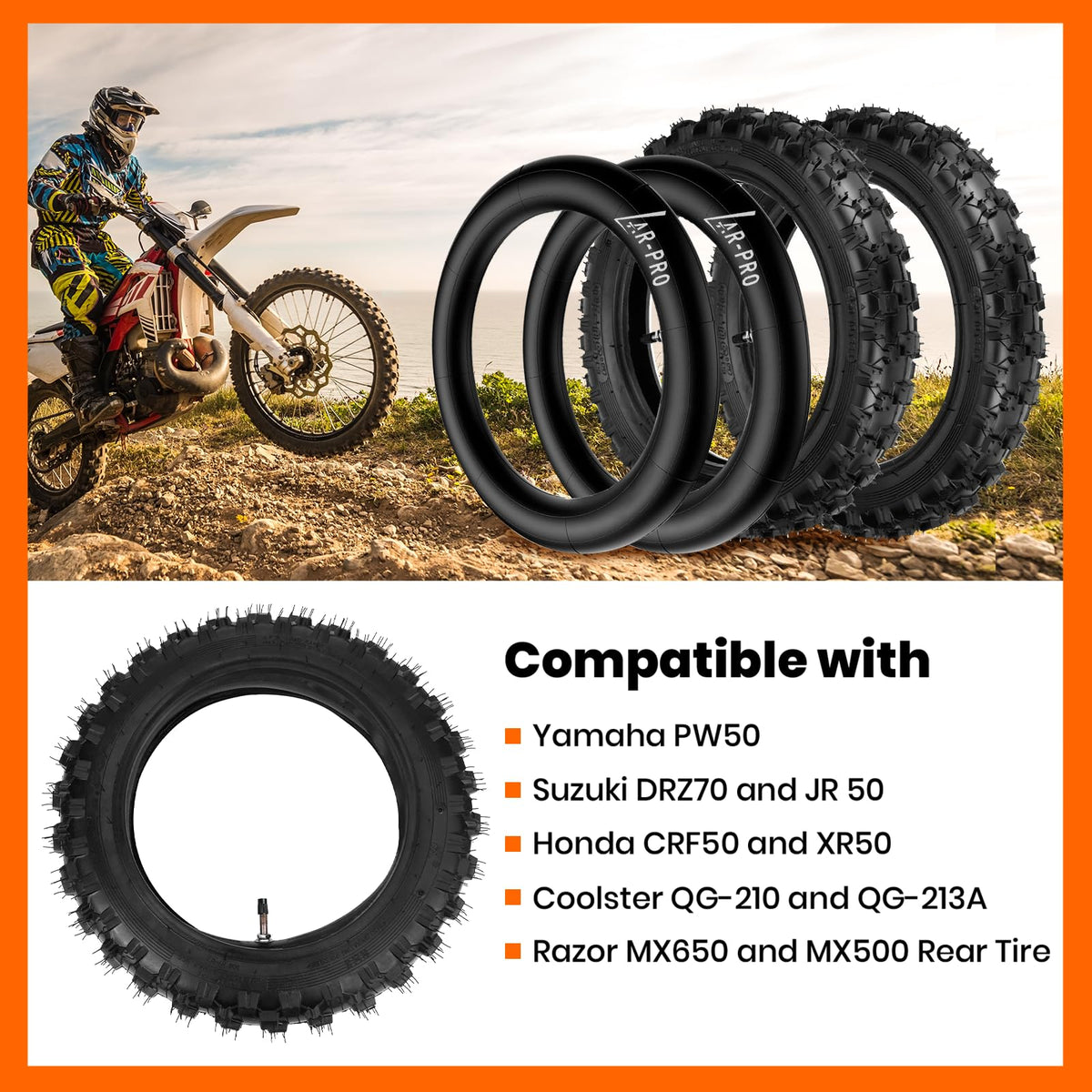 AR-PRO tire next to ruler demonstrating 2.5" width and 10" diameter for size verification