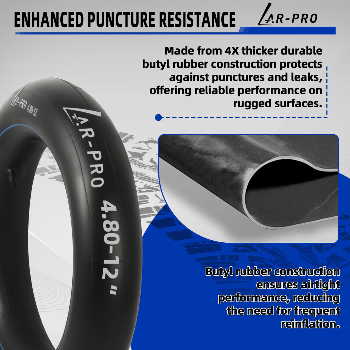 AR-PRO inner tube beside a 12-inch rim to show correct size compatibility