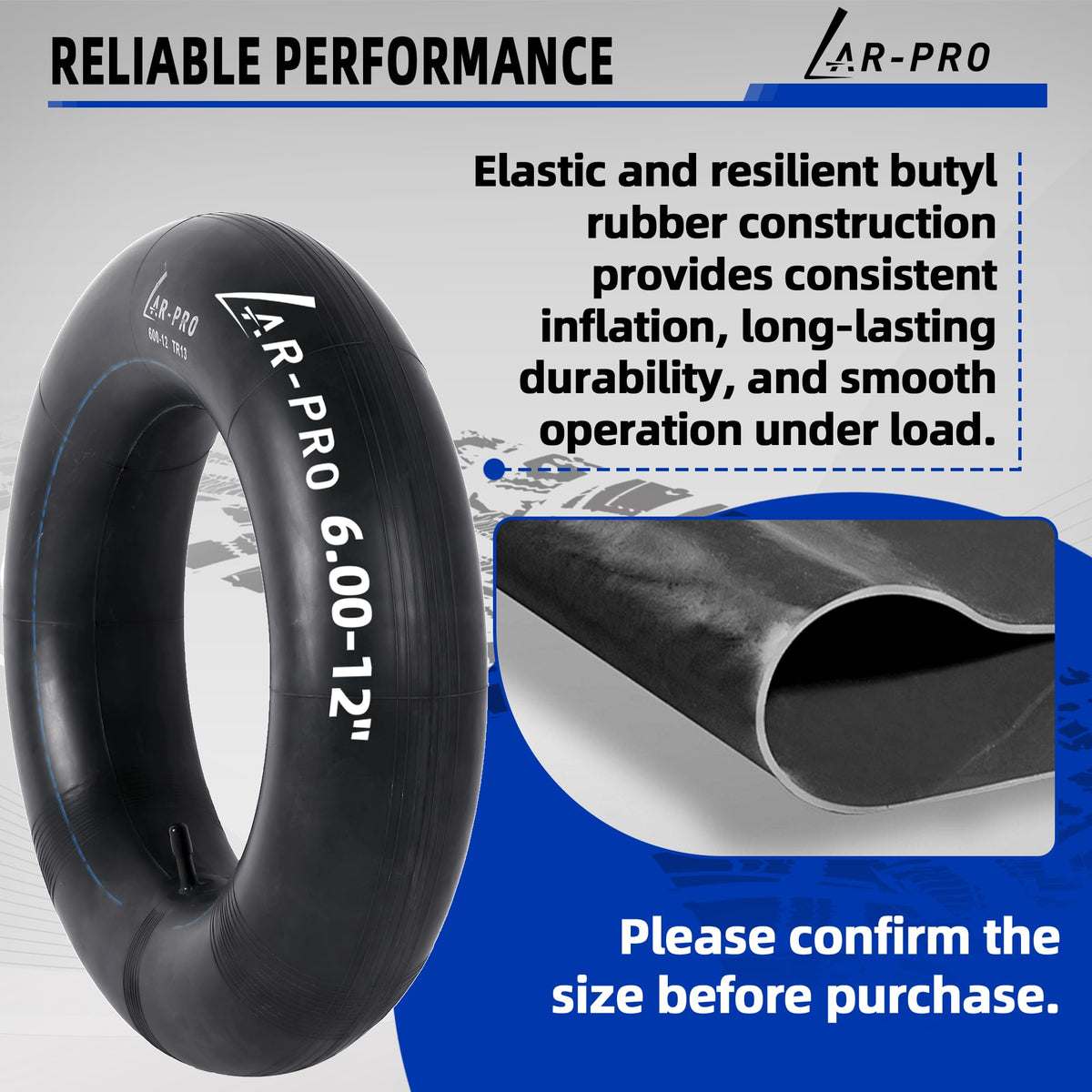 AR-PRO inner tube beside a ruler for scale showing accurate 6-12 sizing