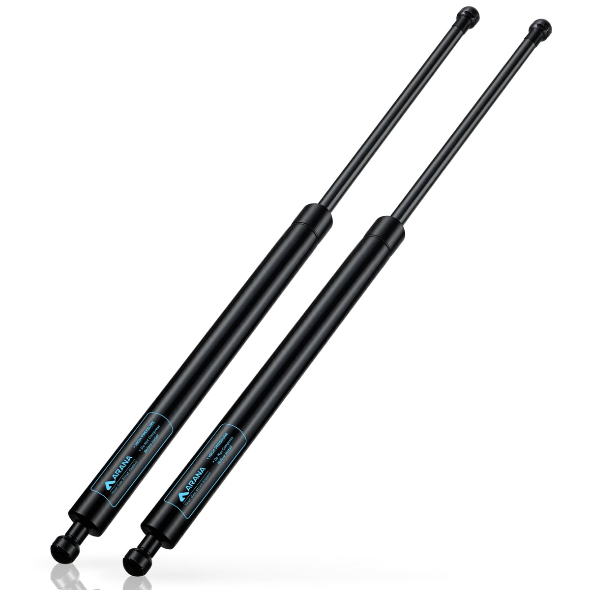 ARANA front packaging showing two 28" 200lb struts and ball studs for easy identification