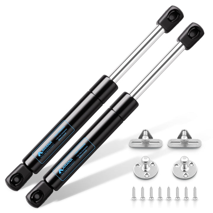 ARANA gas struts front assembly showing included hardware and benefits