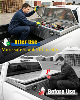 ARANA installed on truck toolbox holding lid open, provides safer one-handed access