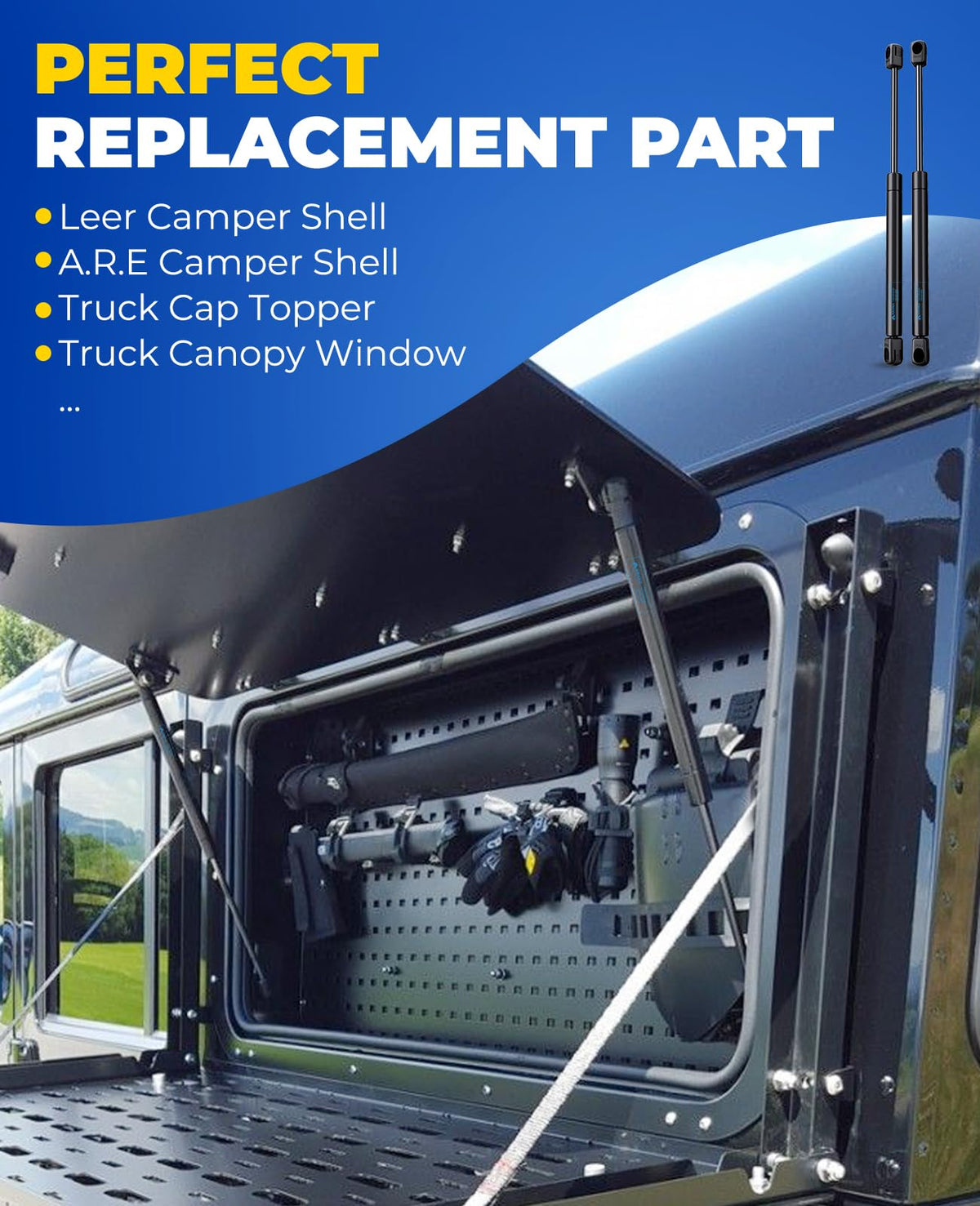 ARANA pair installed on a truck topper demonstrating reliable lift support