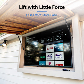 ARANA mounted on RV compartment door demonstrating smooth lift and secure hold