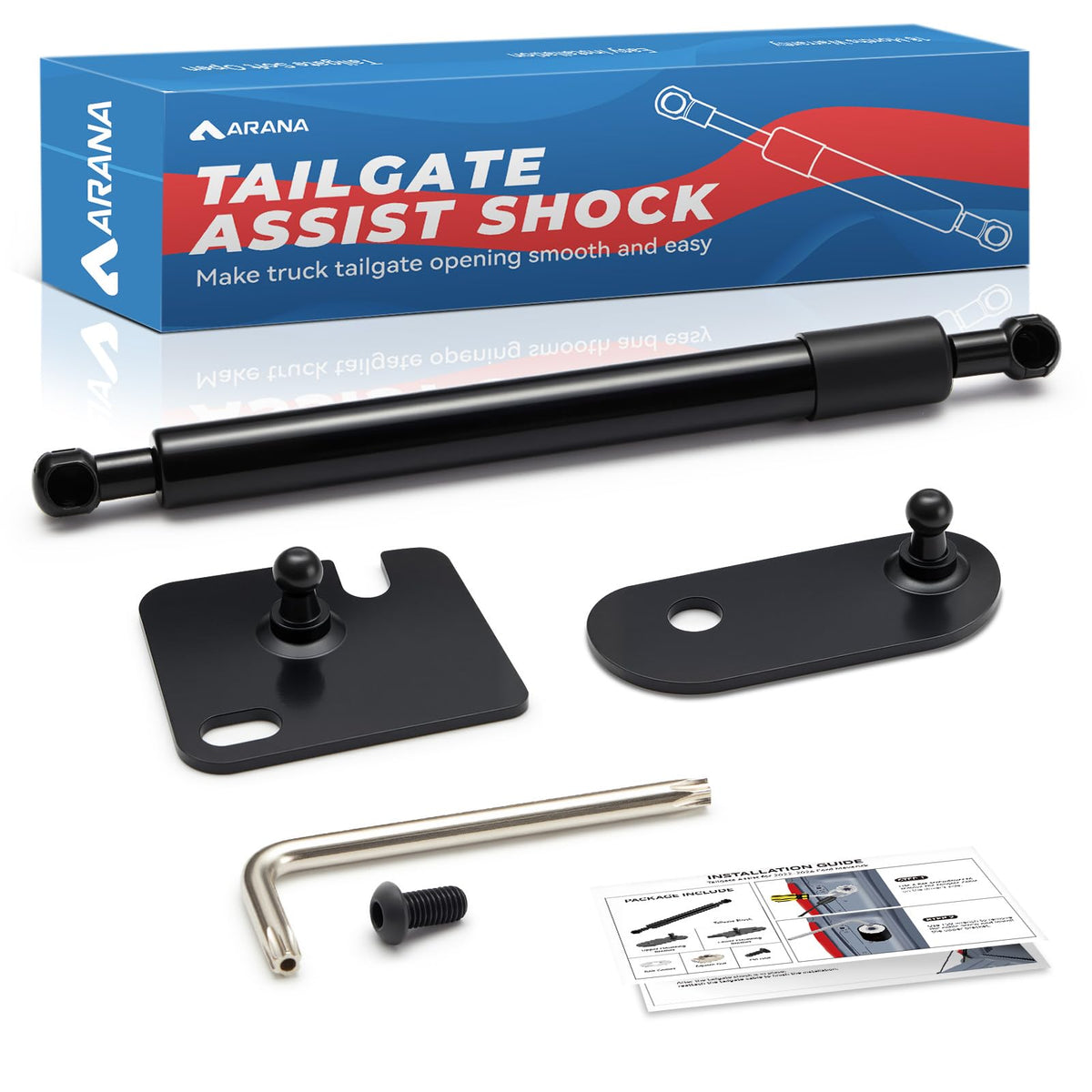 ARANA front packaging showing complete tailgate assist kit and benefit of easy install
