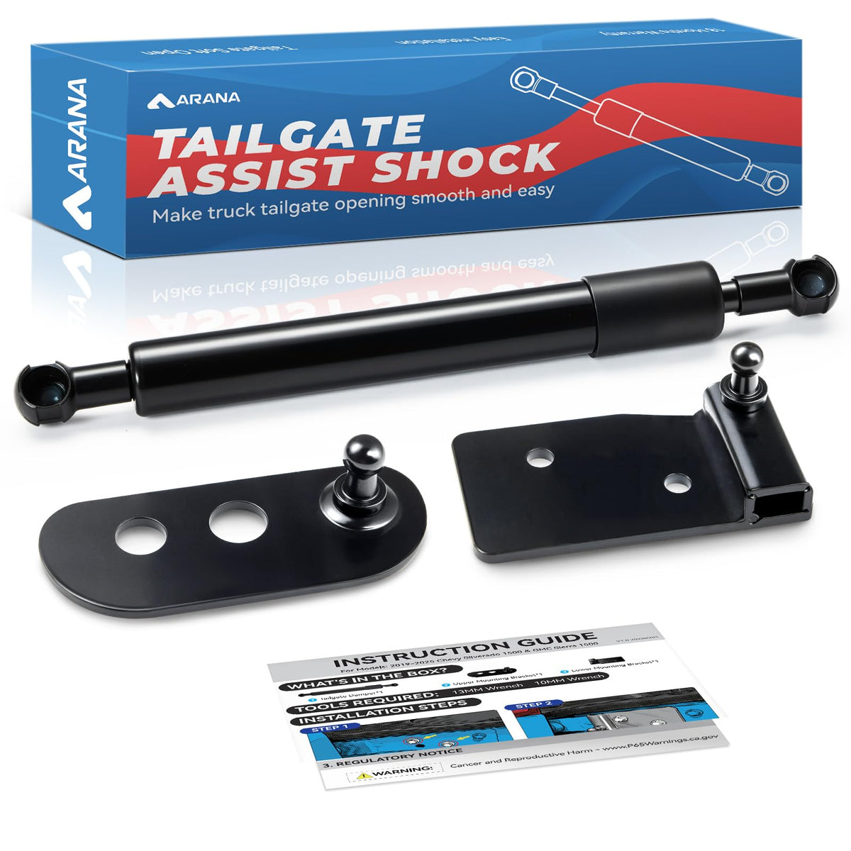 ARANA packaging for tailgate assist showing kit contents and benefit of tidy installation
