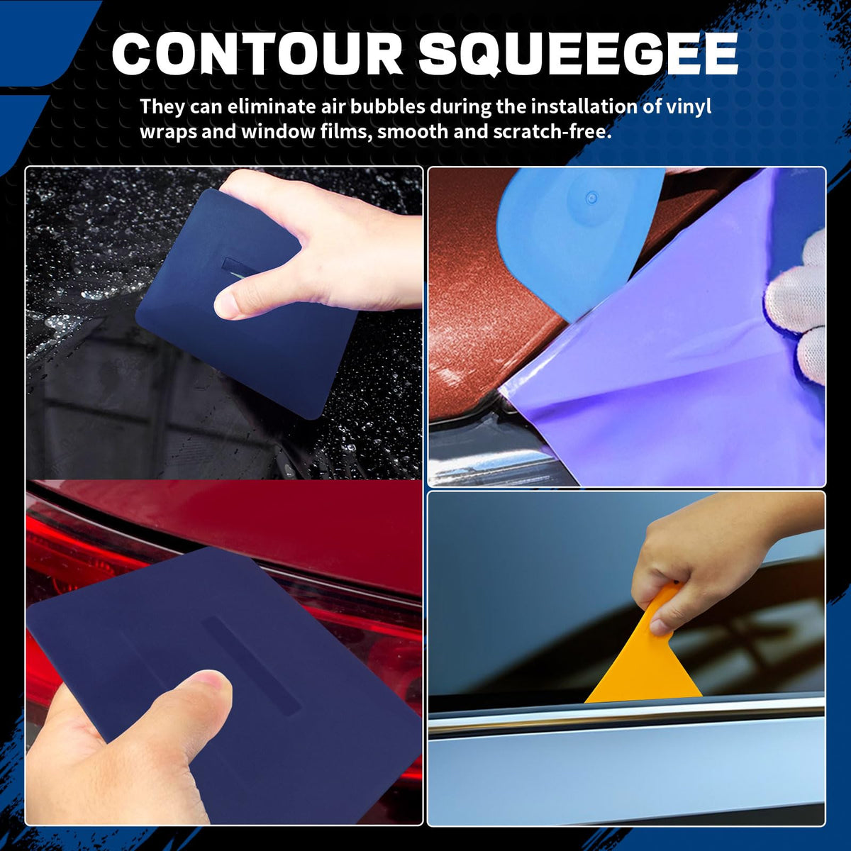 Arayker contour and micro squeegees arranged to show varied tip shapes for tight corners