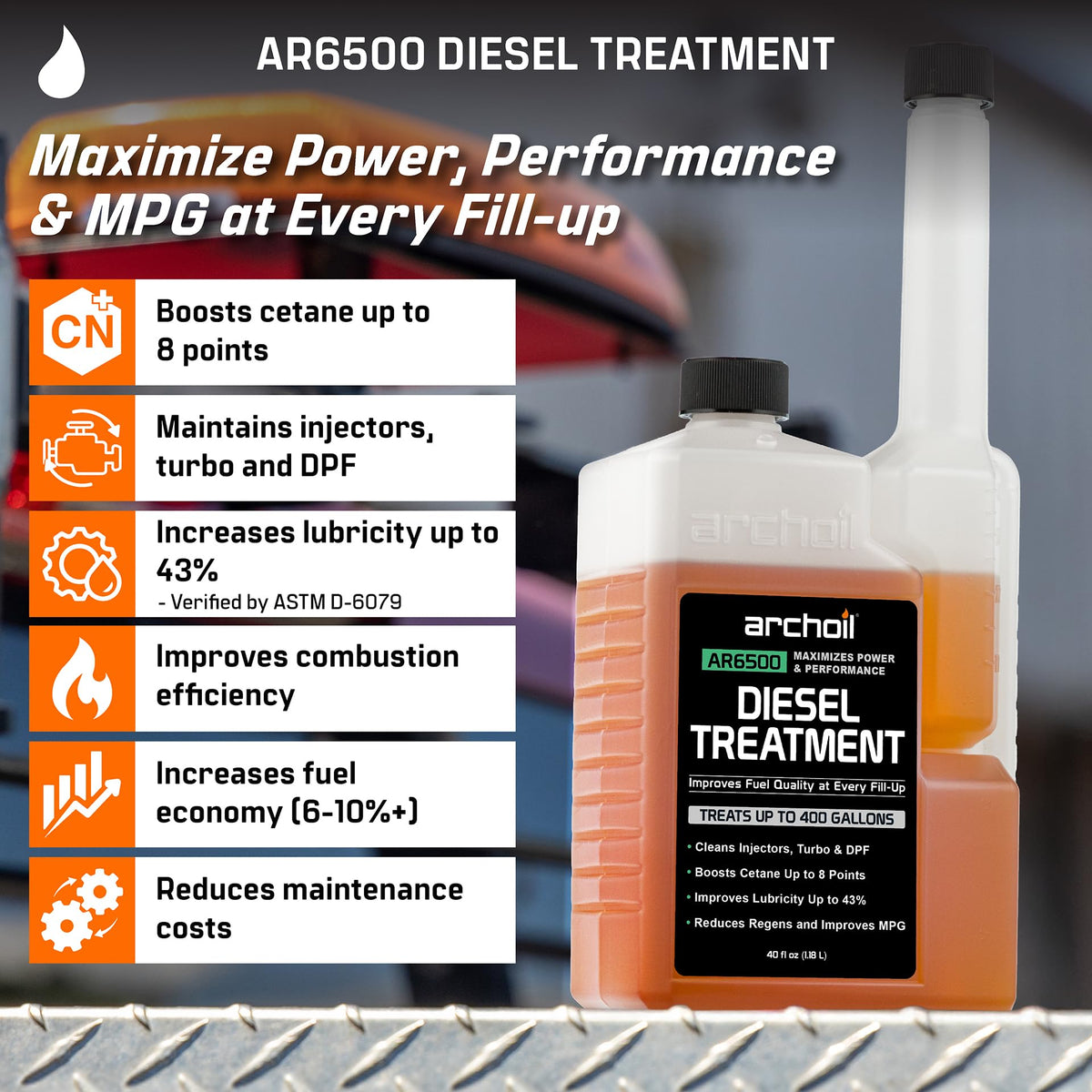 Archoil AR6400-D closeup label showing cleaner action for injectors and lines