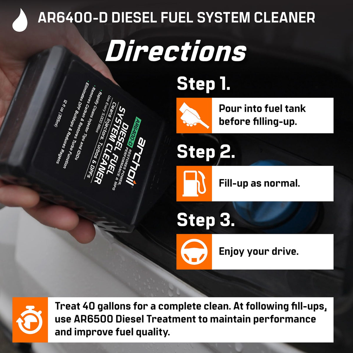 Archoil bottle in garage with truck showing maintenance and performance benefits