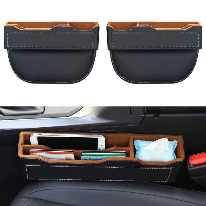 Arcoche front view of two black seat gap fillers showing elegant leather finish and fit benefit