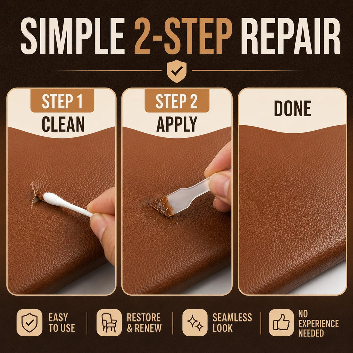 ARCSSAI before and after car seat repair showing restored brown finish benefit