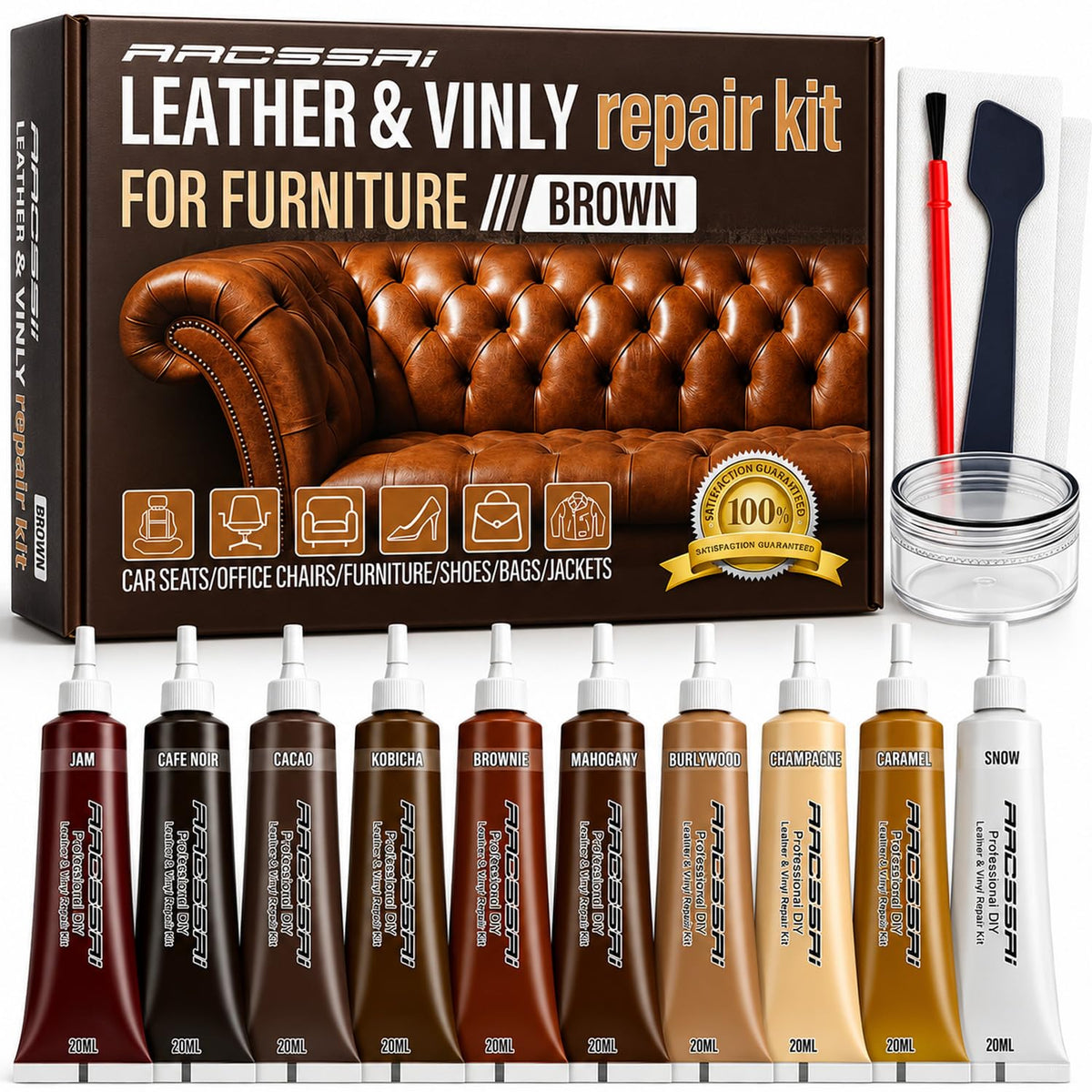 ARCSSAI front of kit showing tools and 10 brown shades for accurate matching