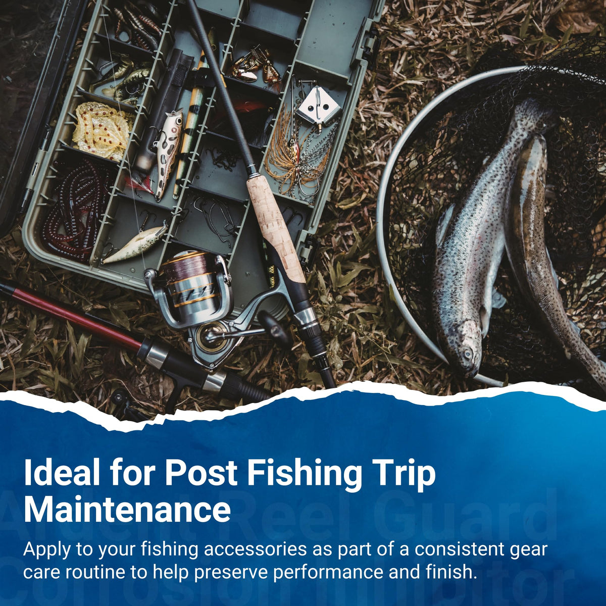 Ardent being applied to fishing tackle, protecting hooks and reels from salt damage during care