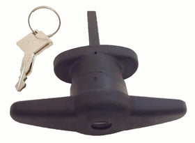Close-up of ARE T-handle lock cylinder and key slot, showing precision fit and secure operation