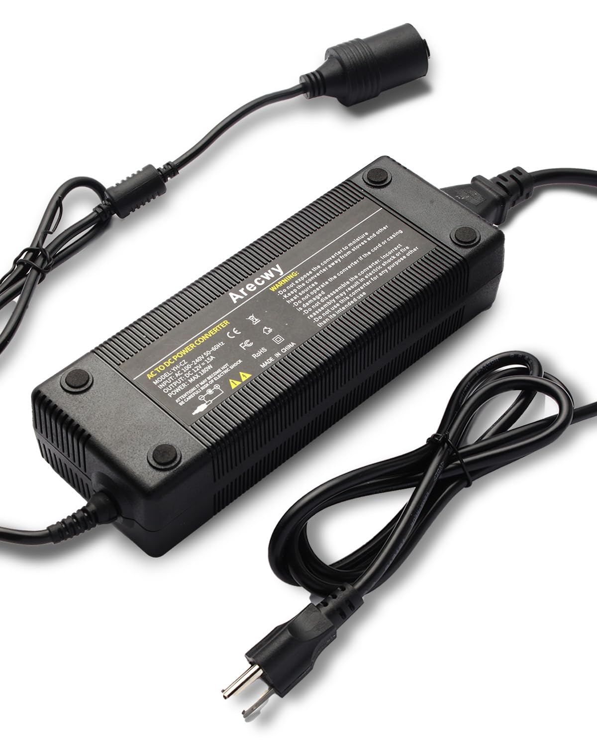 Arecwy converter front view showing plug and socket, enabling easy 12V use