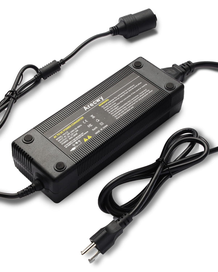 Arecwy converter front view showing plug and socket, enabling easy 12V use