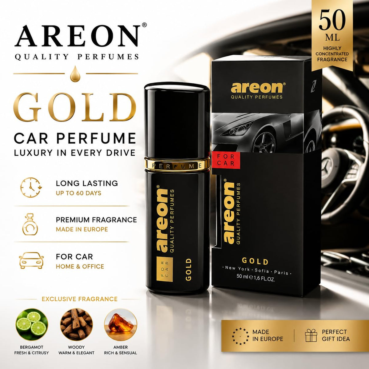 AREON Gold hanging diffuser tag displayed inside car, convenient steady fragrance benefit