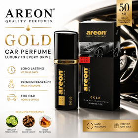 AREON Gold hanging diffuser tag displayed inside car, convenient steady fragrance benefit
