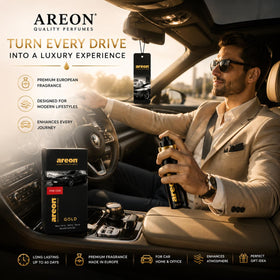 AREON Gold on a desk and shelf at home, versatile scenting for rooms benefit