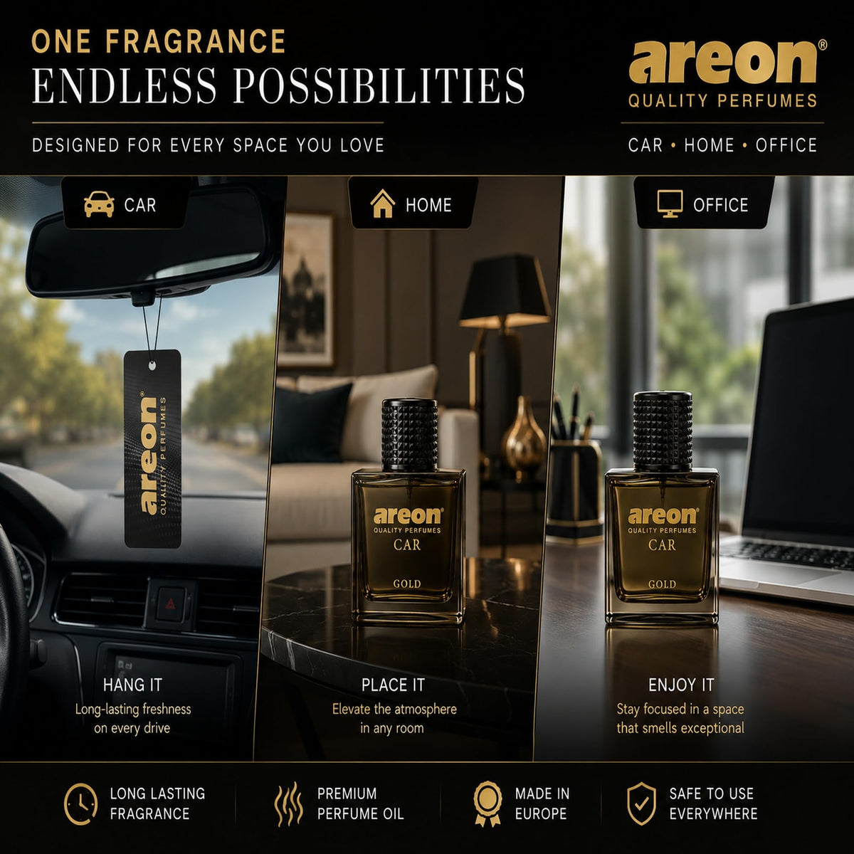 AREON bottle placed on car dashboard offering fresh interior ambiance