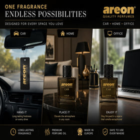 AREON bottle placed on car dashboard offering fresh interior ambiance