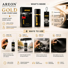 AREON Gold spray bottle close-up of nozzle, precise mist delivery benefit