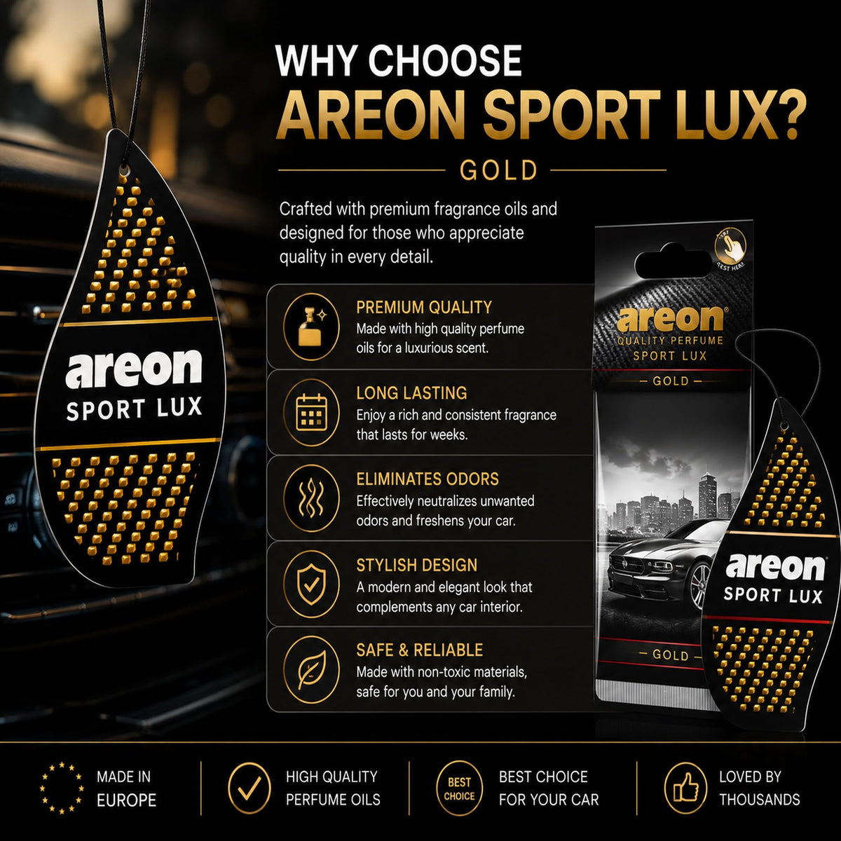 AREON SL-Gold elastic loop detail demonstrating easy hanging and secure placement advantage
