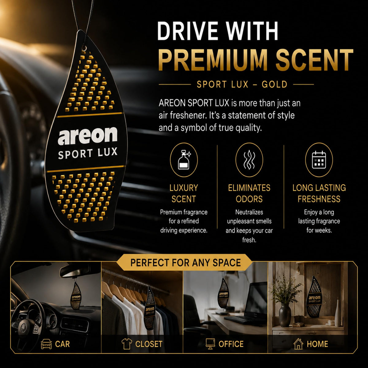 AREON SL-Gold hanging in car near mirror providing subtle cabin fragrance and fresh atmosphere