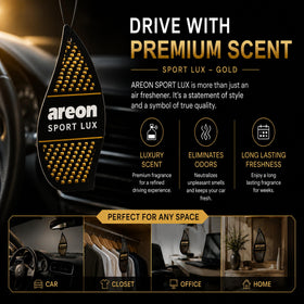 AREON SL-Gold hanging in car near mirror providing subtle cabin fragrance and fresh atmosphere