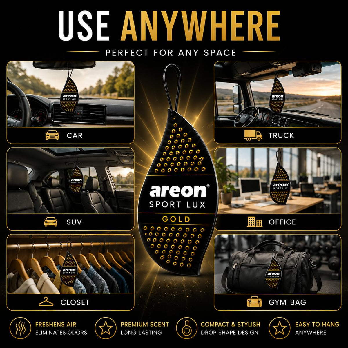 AREON SL-Gold in closet setting freshening clothes and eliminating stale odors effectively