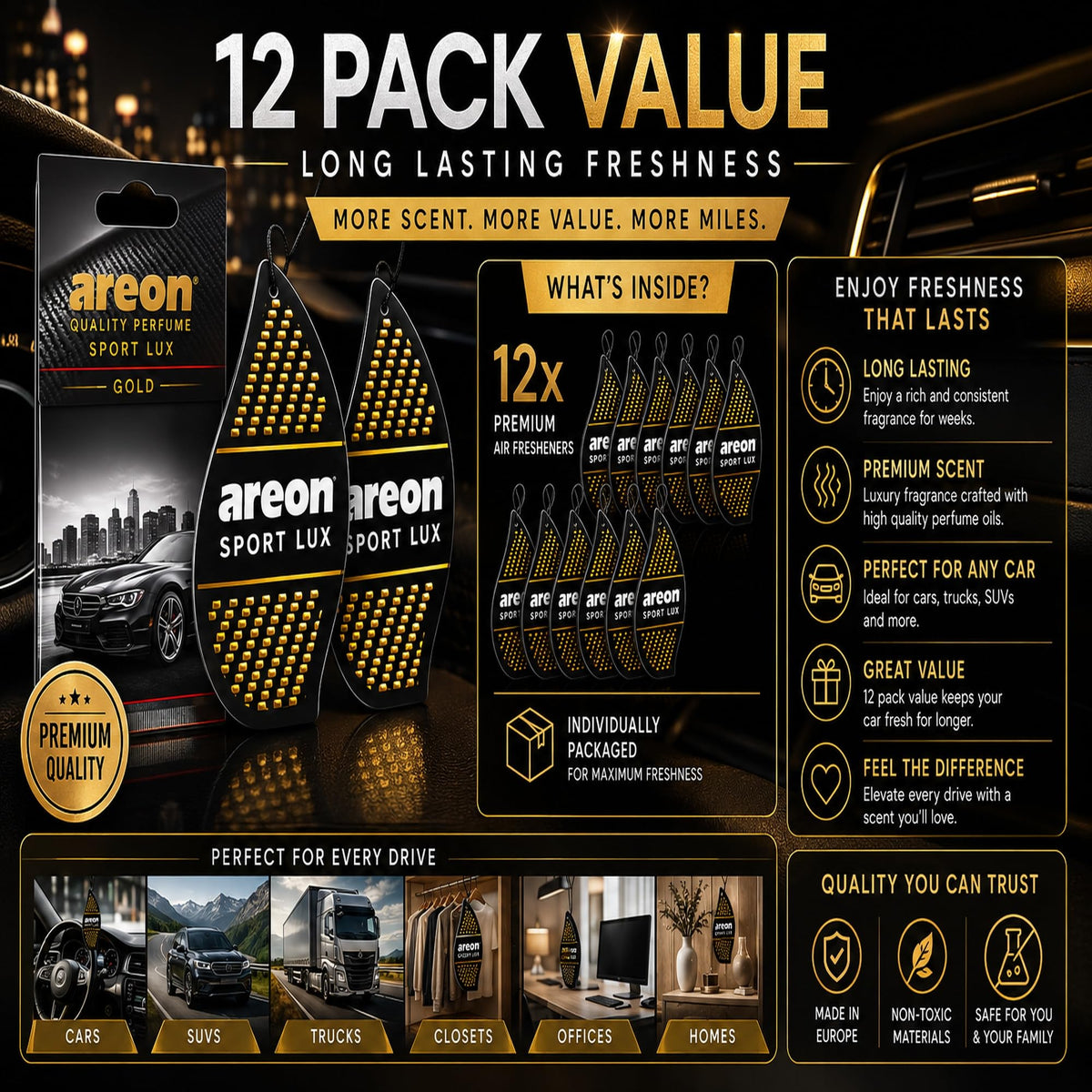 AREON SL-Gold on dashboard lifestyle shot illustrating decorative scent accessory benefit