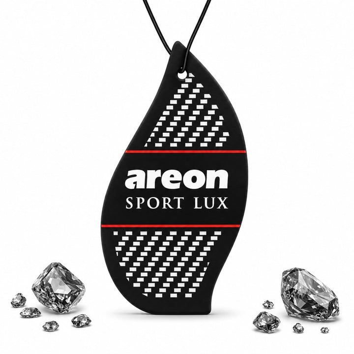 AREON front packaging showing 12 Sport Lux PLATINUM hangers and product benefit