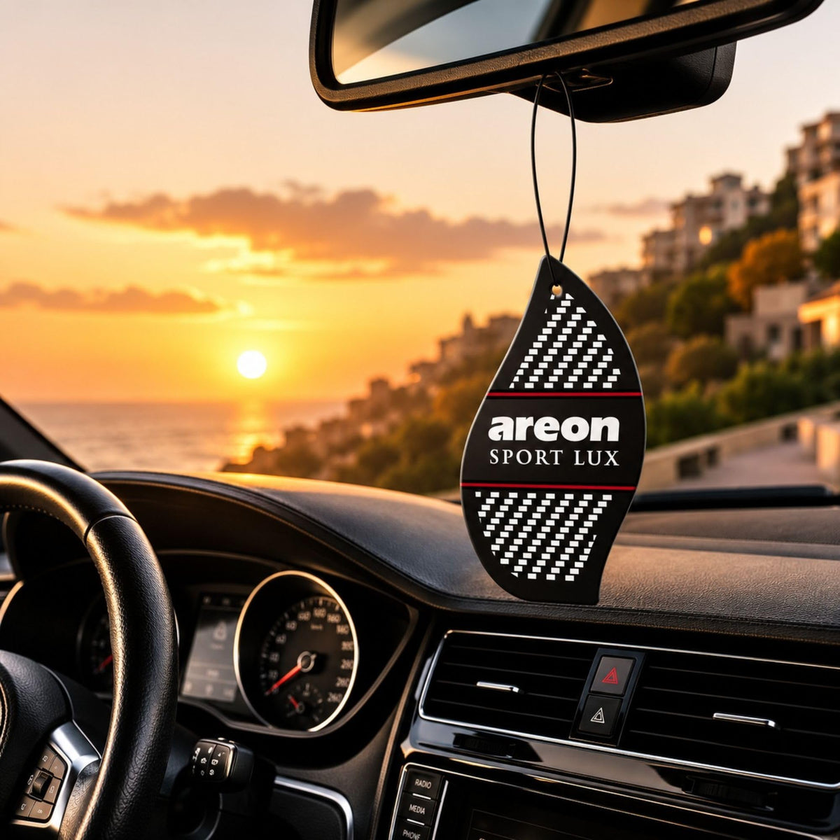 AREON single paper hanger close-up displaying texture and long-lasting scent benefit