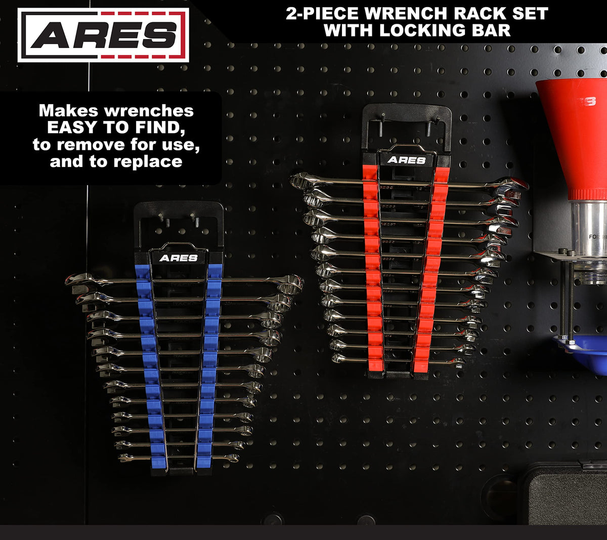 ARES mounted on pegboard showing organized wall storage and visibility