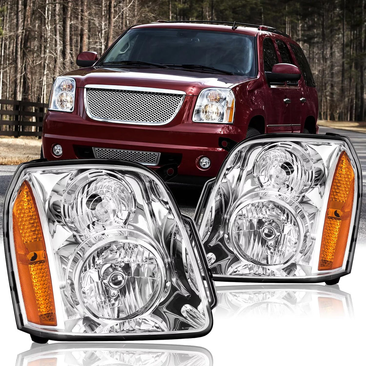 Aresparts lifestyle image of parked Yukon showing upgraded headlights enhancing curb appeal