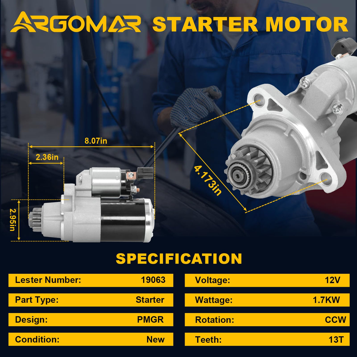 Argomar starter pinion gear close-up highlighting 13-tooth gear for correct engagement