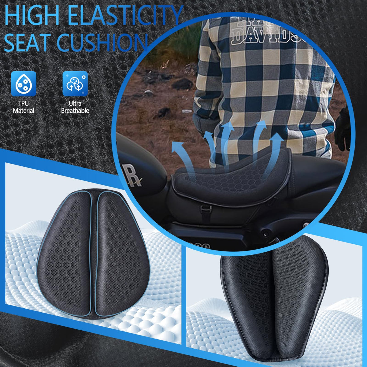 AriKroii pad in use on a motorcycle seat illustrating improved comfort
