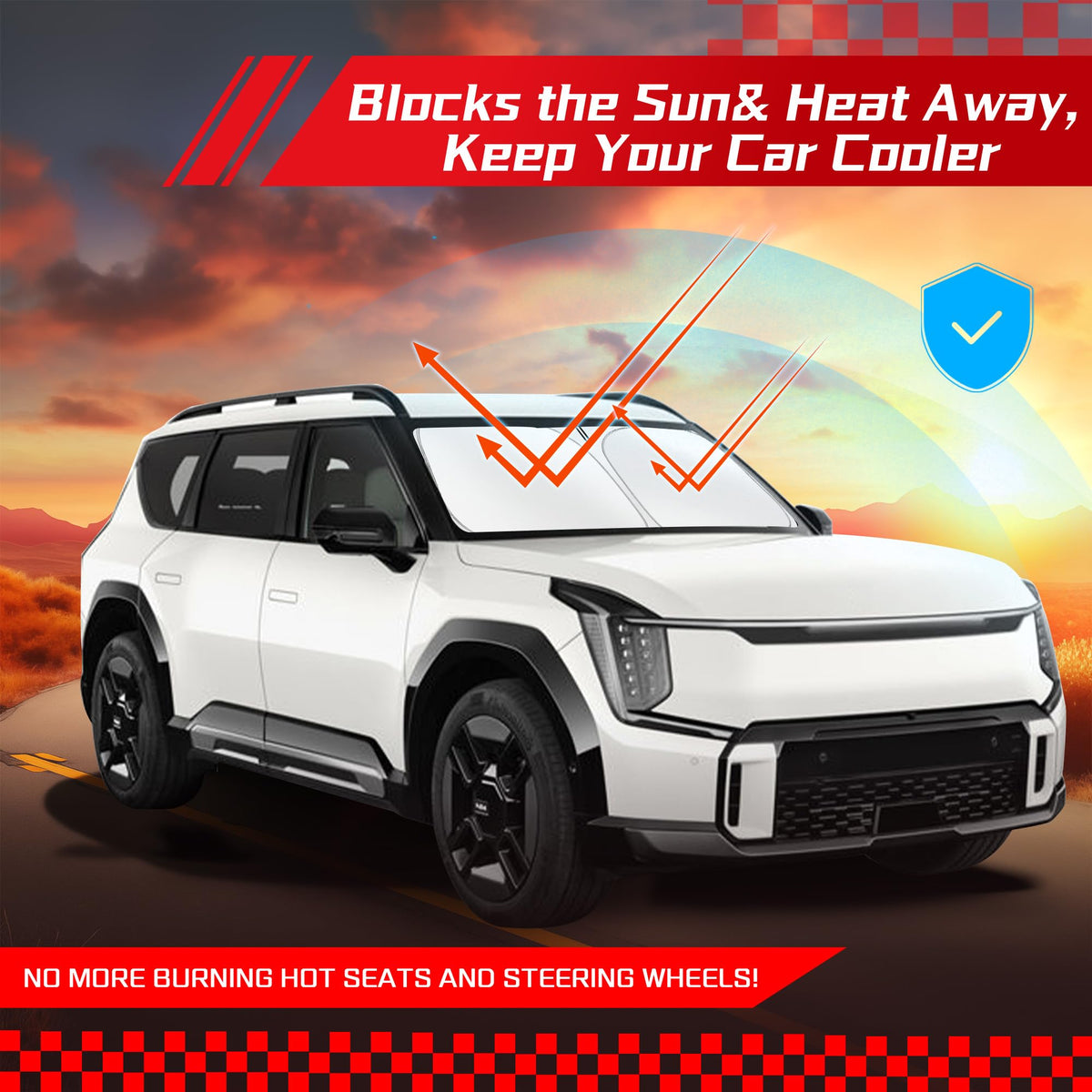 ARISMOTOR in parked Kia EV9 lifestyle scene illustrating sun protection benefits