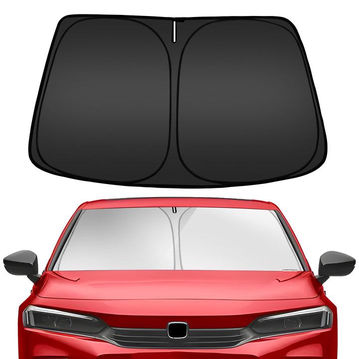 ARISMOTOR front-facing windshield shade showing full custom fit and sun protection