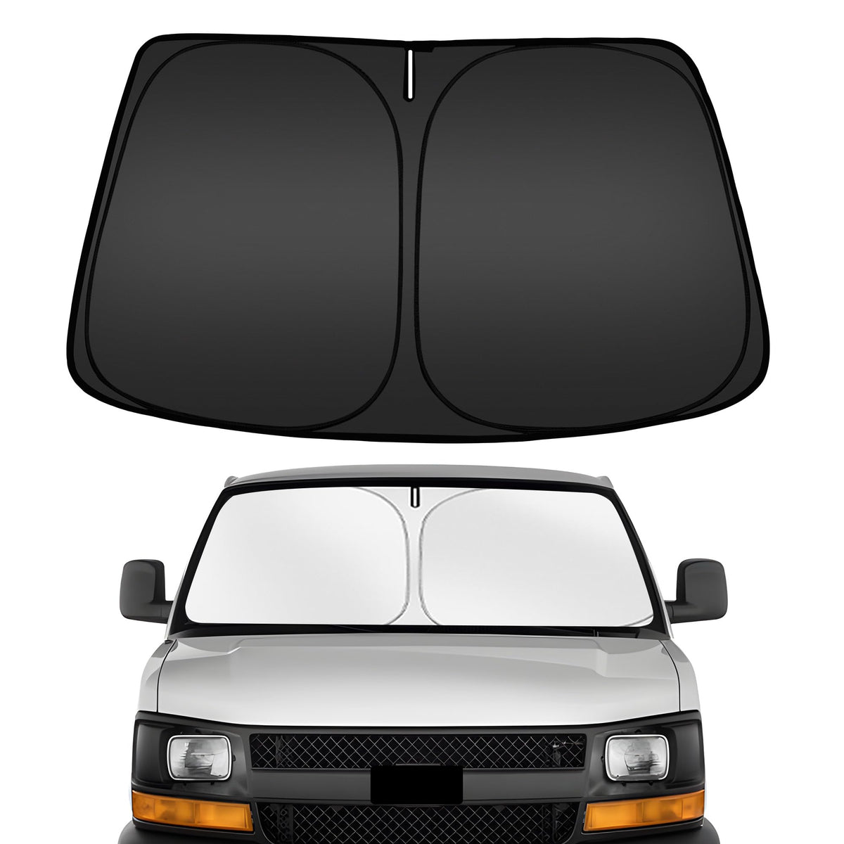 ARISMOTOR front view showing custom-fit shade on Chevy Express for sun protection