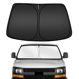 ARISMOTOR front view showing custom-fit shade on Chevy Express for sun protection