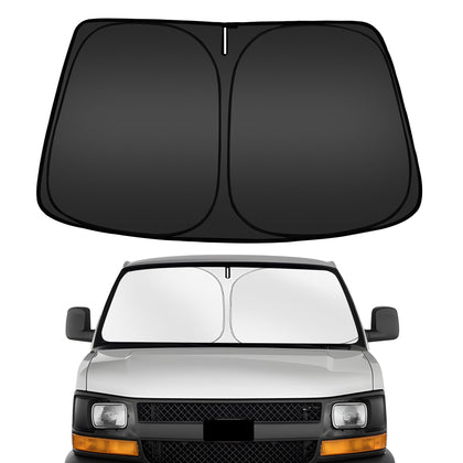 ARISMOTOR front view showing custom-fit shade on Chevy Express for sun protection