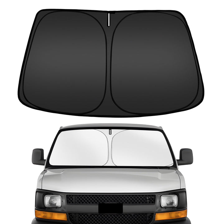 ARISMOTOR front view showing custom-fit shade on Chevy Express for sun protection