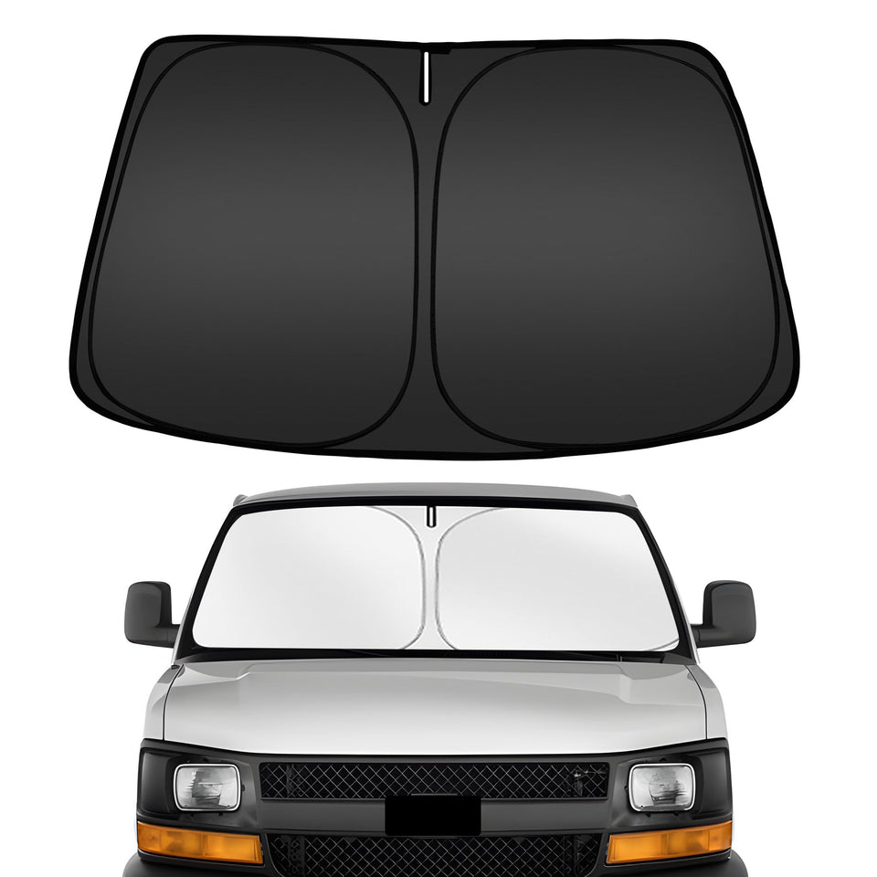 ARISMOTOR front view showing custom-fit shade on Chevy Express for sun protection