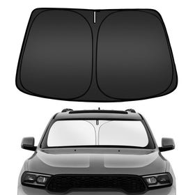 ARISMOTOR front view of packaged Durango windshield shade showing fit and convenience