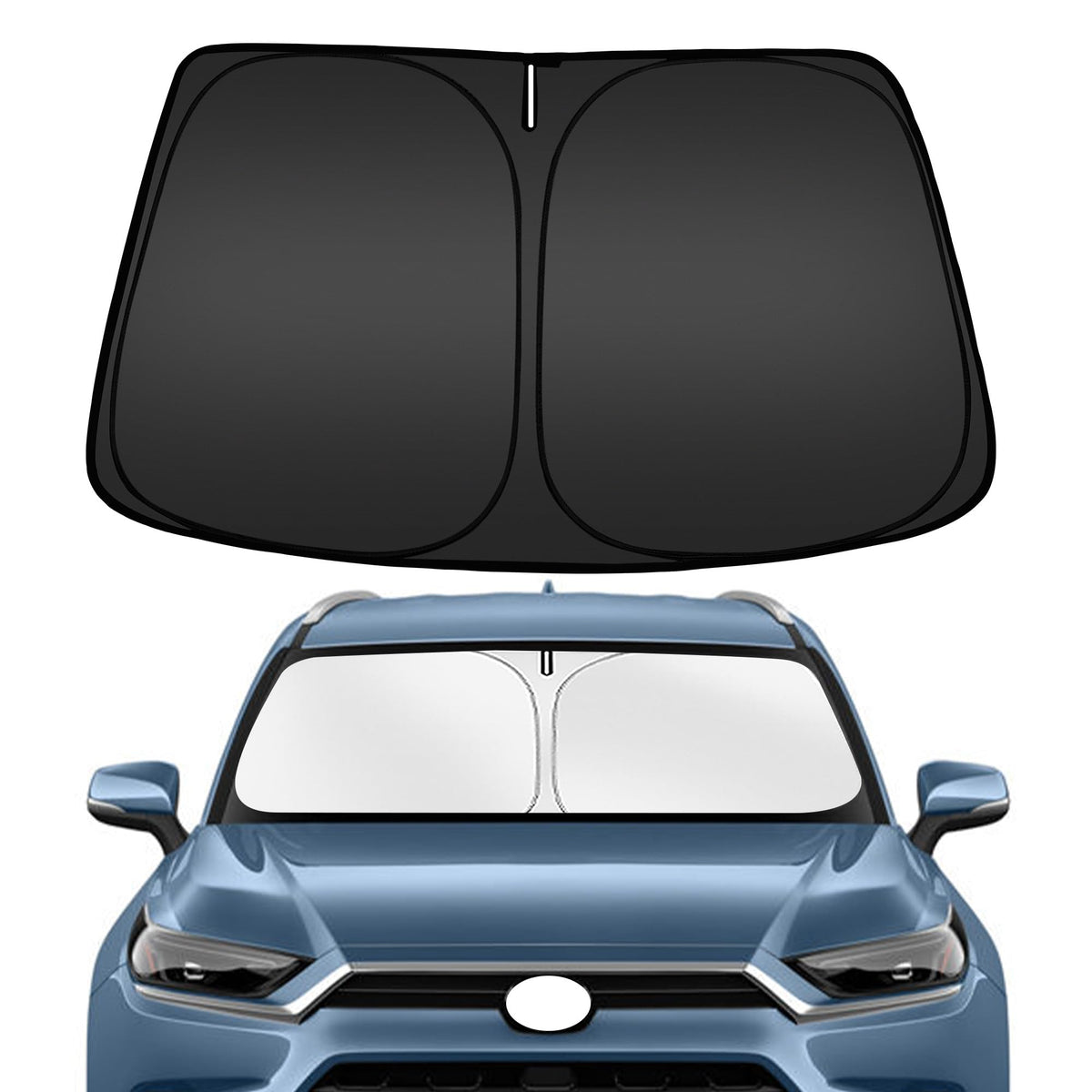 ARISMOTOR front view of sun shade packaging showing fit for Grand Highlander, protects interior