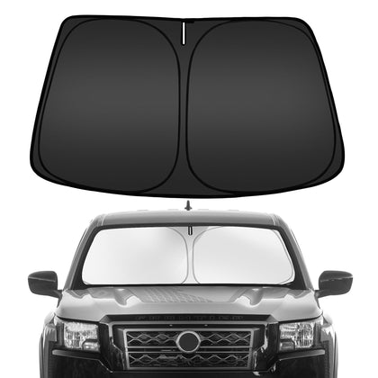 ARISMOTOR front view showing custom-fit for Ni-ssan Frontier and full windshield coverage benefit