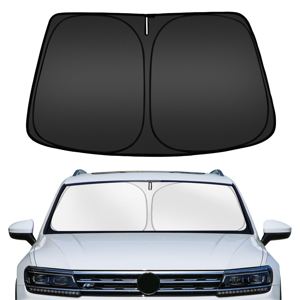 ARISMOTOR front view of Tiguan sun shade showing fit and protection