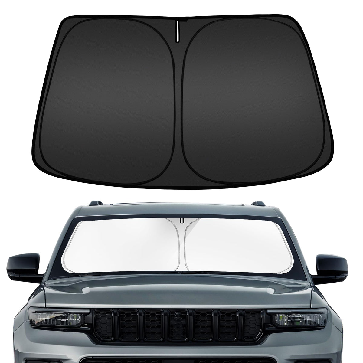 ARISMOTOR front view of sun shade showing precise windshield fit and protection